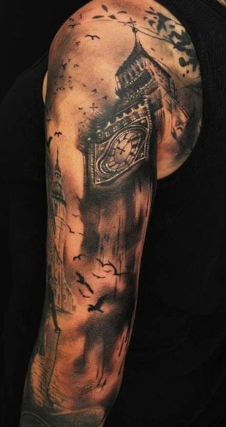 手臂抽象风格黑色旧钟楼和时钟纹身图案