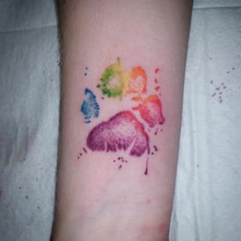 水彩画风格七彩小动物爪印手臂纹身图案