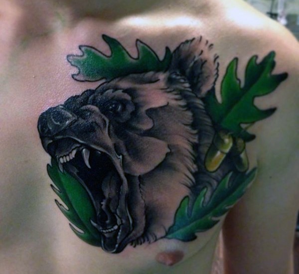 胸部3D彩绘咆哮熊与橡树叶纹身图案