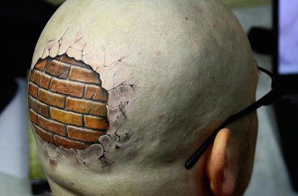 头部3D个性的砖墙纹身图案
