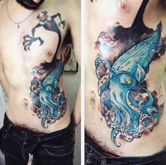侧肋3D蓝色的鱿鱼纹身图案