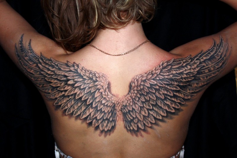 背部3D彩色的逼真翅膀纹身图案