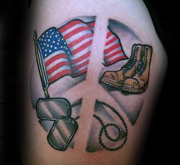 大腿彩色的美国国旗与士兵靴和狗标签纹身图案