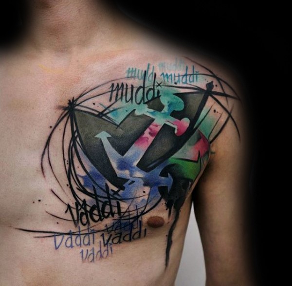 胸部彩色船锚与字母个性纹身图案