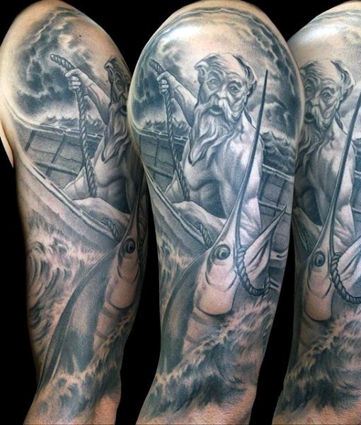 手臂写实的渔夫和鱼场景纹身图案