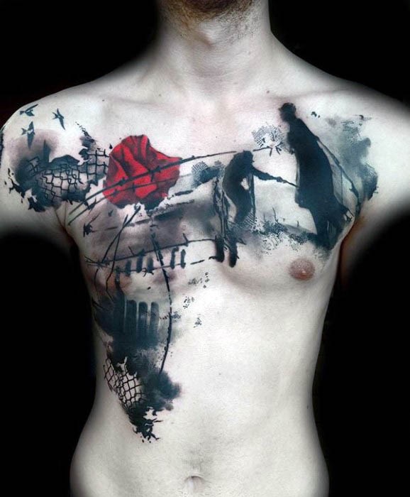 胸部抽象风格的彩色花朵和人像纹身图案