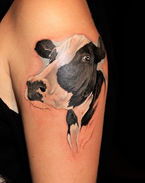 美丽逼真的奶牛头像大臂纹身图案