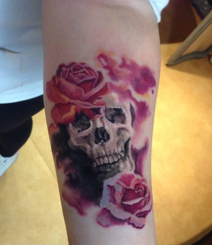 手臂3D风格彩色骷髅与花朵纹身图案
