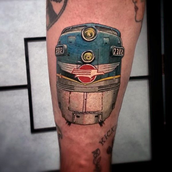 大腿好看的彩色现代火车纹身图案
