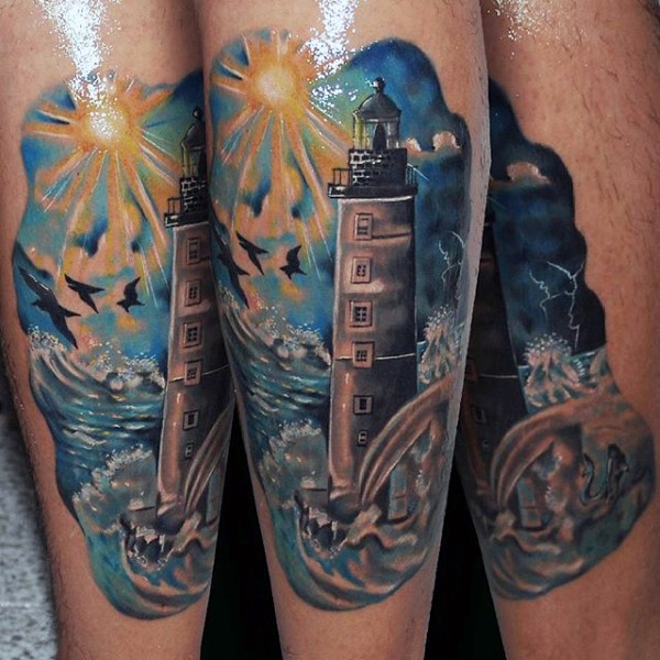 巨大的五彩灯塔与海浪手臂纹身图案