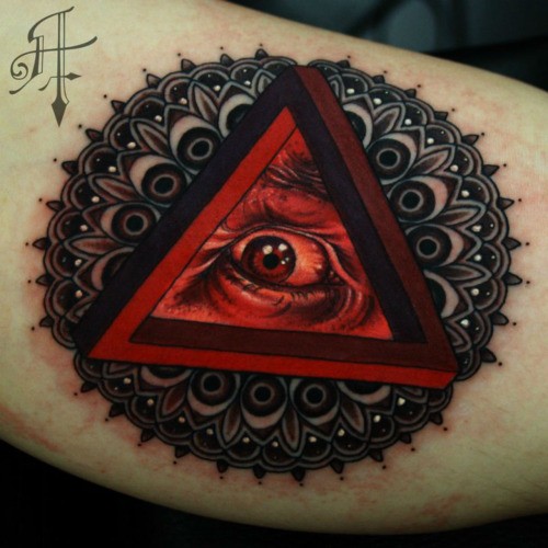 手臂梵花和三角形眼睛组合纹身图案