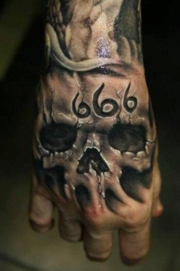 3D写实的黑白骷髅与标志手背纹身图案