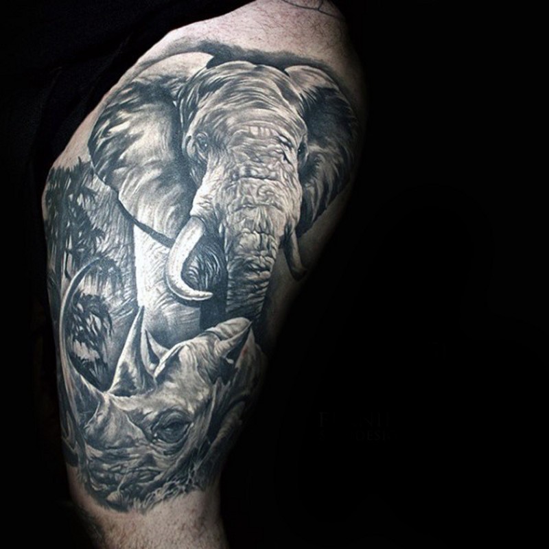 3D栩栩如生的野生大象和犀牛纹身图案