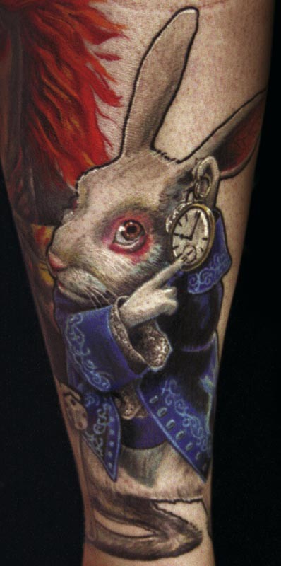 手臂3D风格彩绘爱丽丝梦游仙境兔子纹身图案