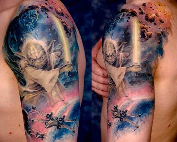 手臂华丽的3D彩色星球大战纹身图案