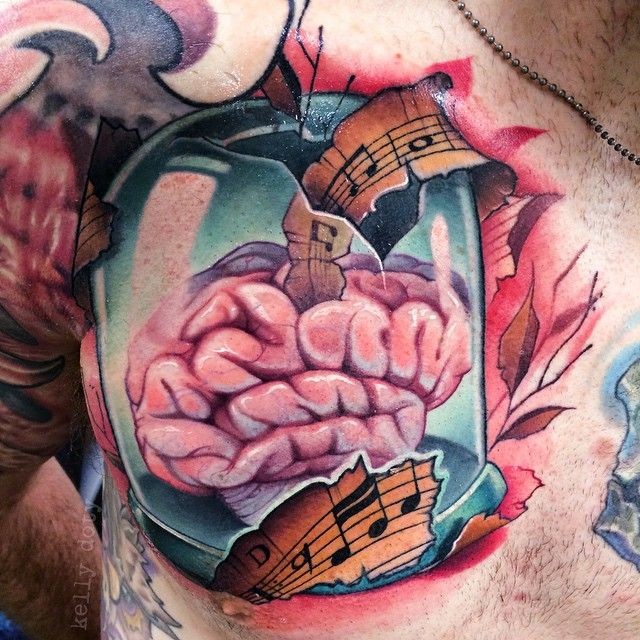 胸部3D风格彩色大脑和音乐笔记纹身图案
