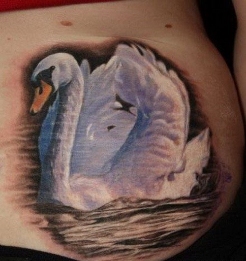 写实的彩色白天鹅和湖水纹身图案