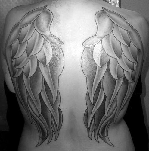 背部精美的羽毛翅膀纹身图案