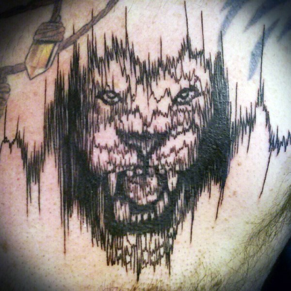 手臂抽象风格心电图组合狮子头纹身图案