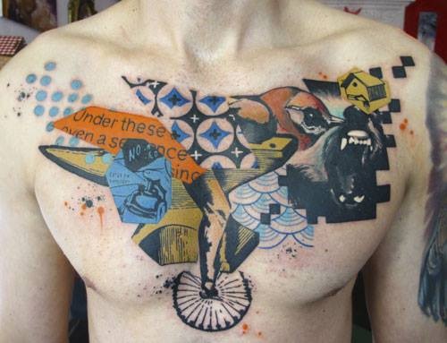 胸部抽象风格的各种符号与字母纹身图案
