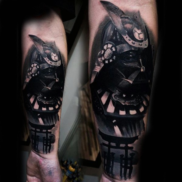 手臂3D黑色的战士面具纹身图案