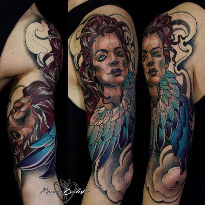 新传统风格的彩色天使女人大臂纹身图案