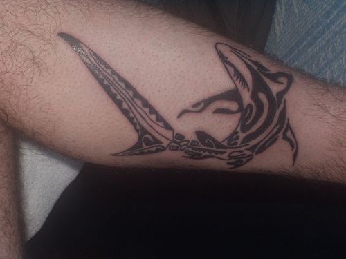 好看的部落鲨鱼小腿纹身图案