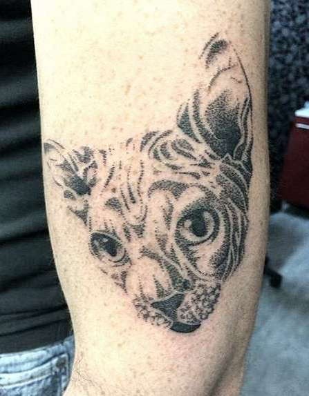 点刺黑色的滑稽猫脸手臂纹身图案