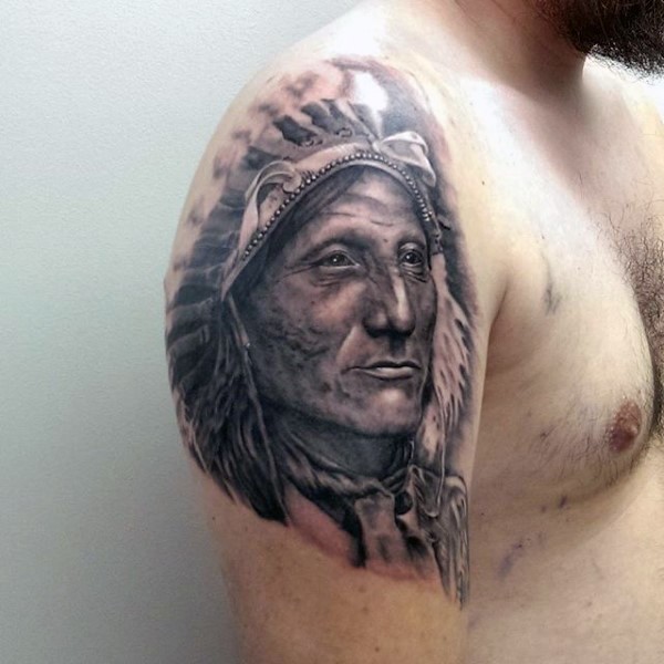 手臂美国土著黑白印度酋长肖像纹身图案