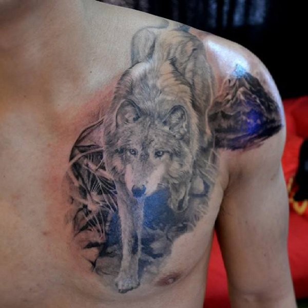 3D逼真的苍狼和山路胸部纹身图案
