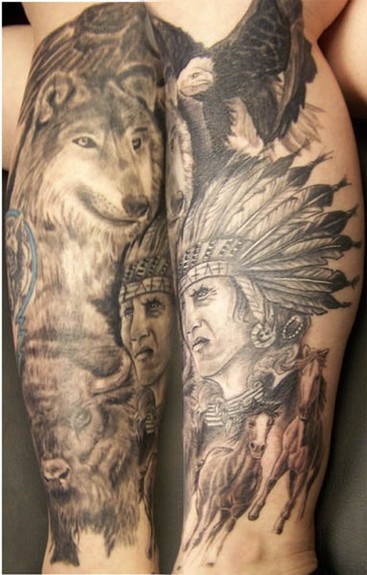 小腿美洲土著为主题的人物肖像和动物纹身图案