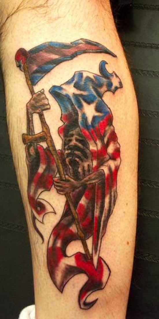 小腿彩色的美国国旗死神纹身图案