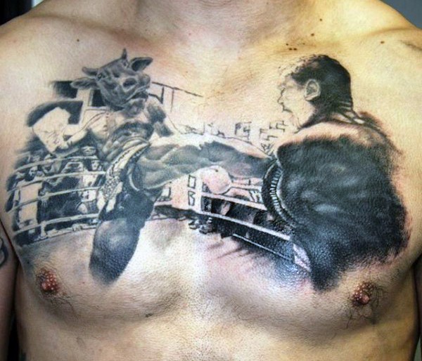 胸部很酷的3D黑白斗士与牛头纹身图案