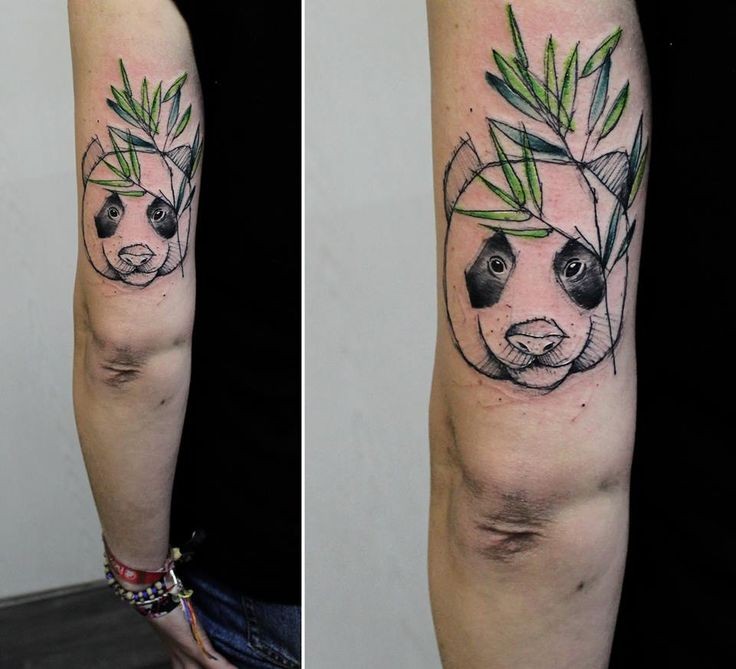 简单的彩色熊猫和竹子手臂纹身图案