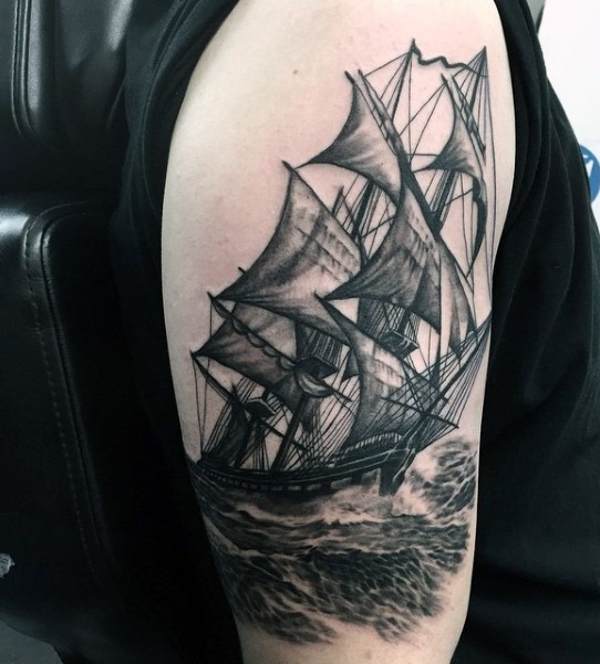 3D写实的黑白古老帆船手臂纹身图案