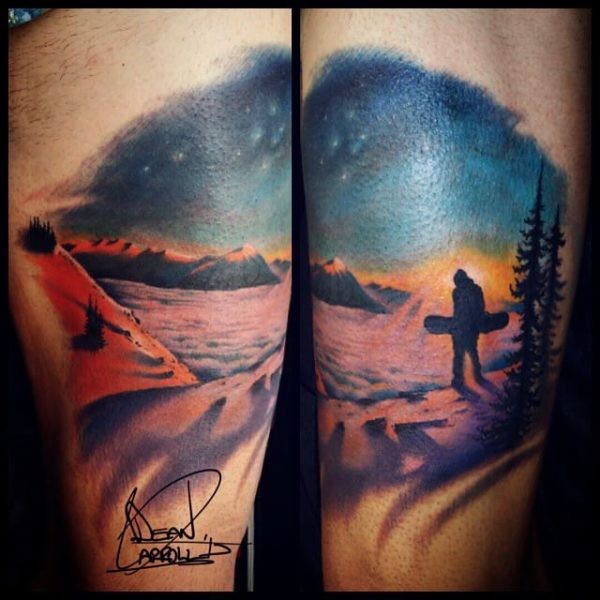 令人印象深刻的彩色滑雪人像手臂纹身图案