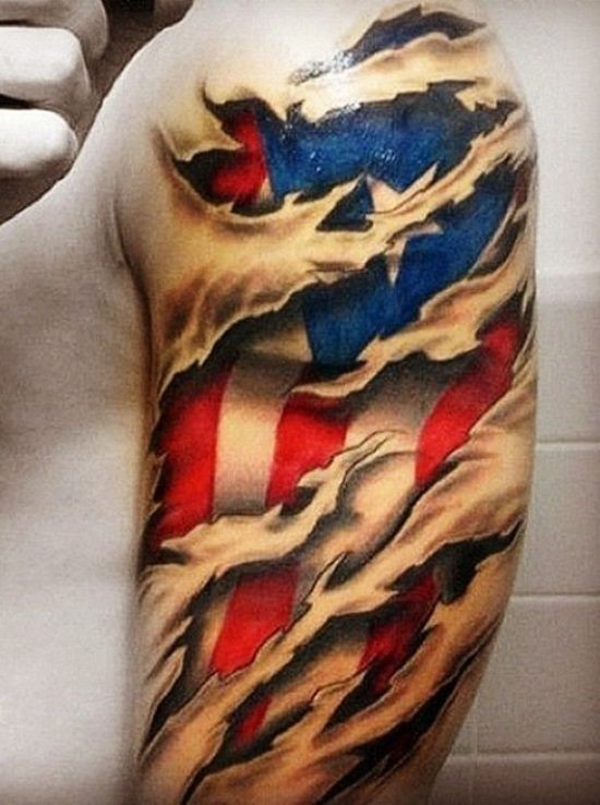 美国国旗下皮肤撕裂手臂纹身图案