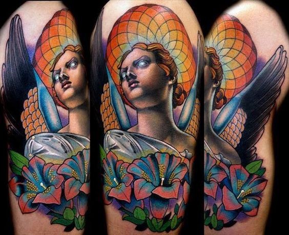 手臂新传统风格的彩色天使与鲜花纹身图案