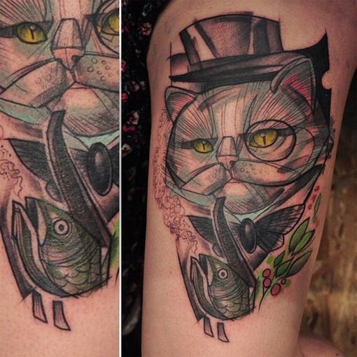 手臂插画式彩色吸烟的猫纹身图案