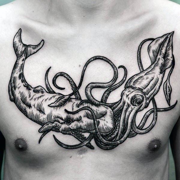 胸部黑色线条鱿鱼战斗鲸鱼纹身图案