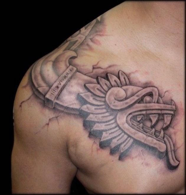 肩部3D黑色的部落龙雕塑纹身图案