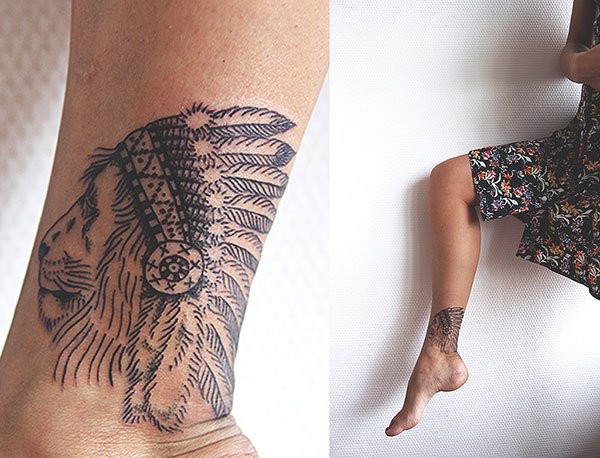 简单的黑色线条印度狮子脚踝纹身图案