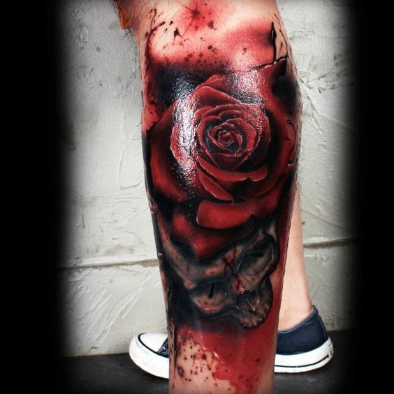 小腿3D风格彩色红玫瑰与骷髅纹身图案