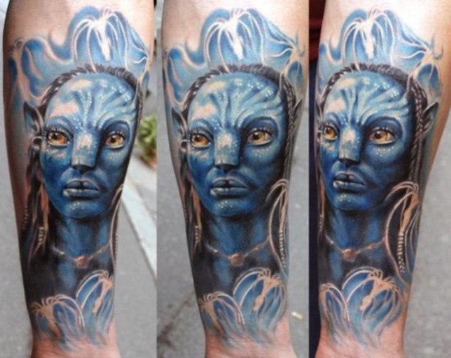 令人难以置信的3D彩色阿凡达肖像手臂纹身图案