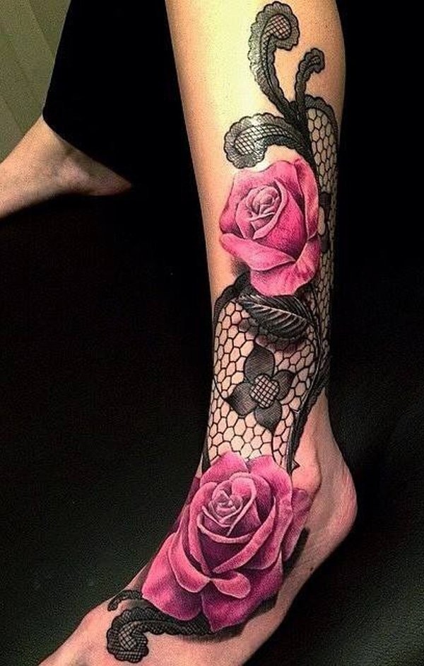 脚踝3D彩色玫瑰和蕾丝纹身图案