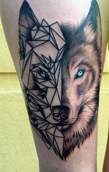 大腿半几何半真实的狼头纹身图案