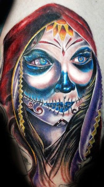 手臂彩色的死亡女郎个性纹身图案