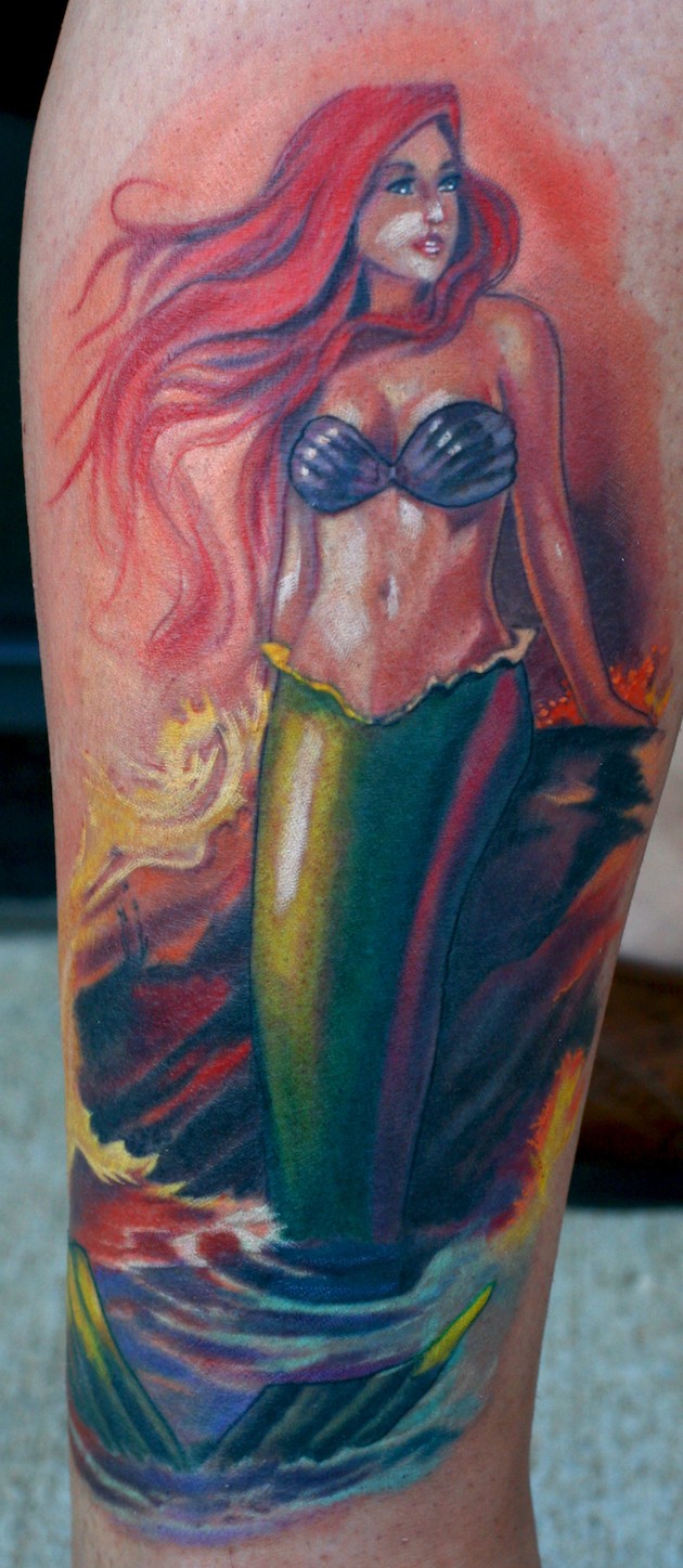 小腿自然好看的彩色美人鱼纹身图案