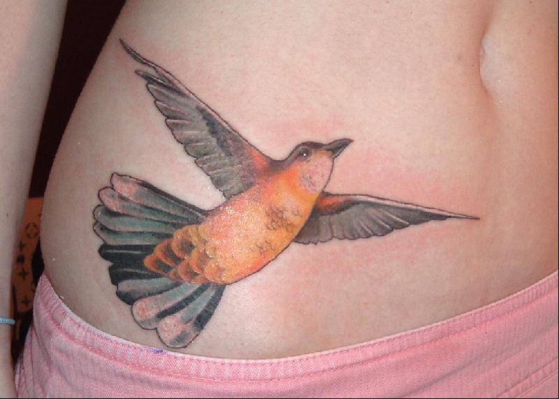 腹部飞行的彩色小鸟纹身图案
