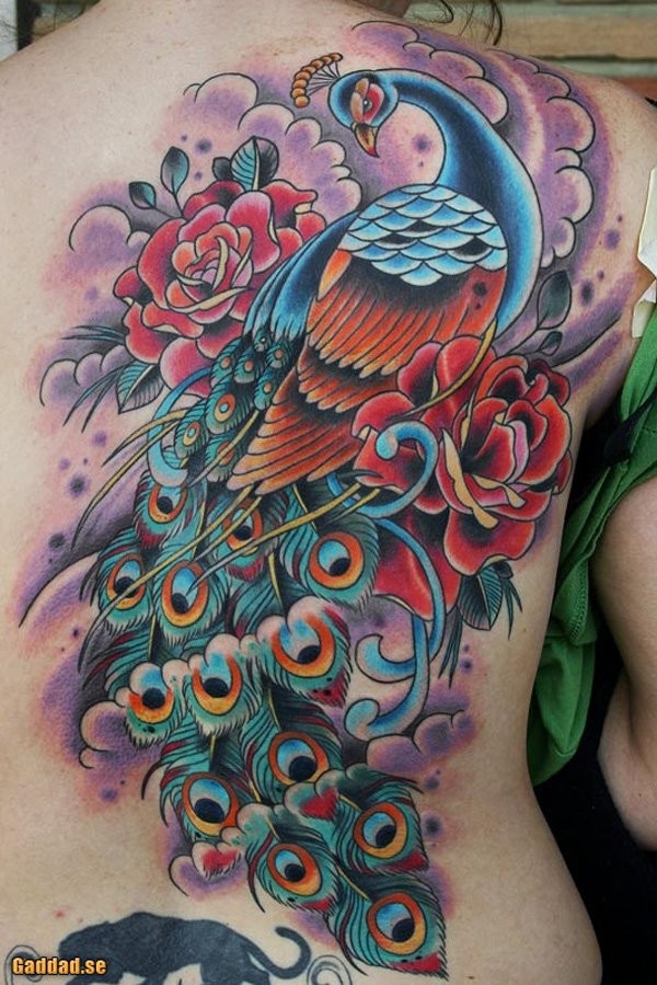 背部惊人的彩色孔雀鸟与玫瑰花纹身图案